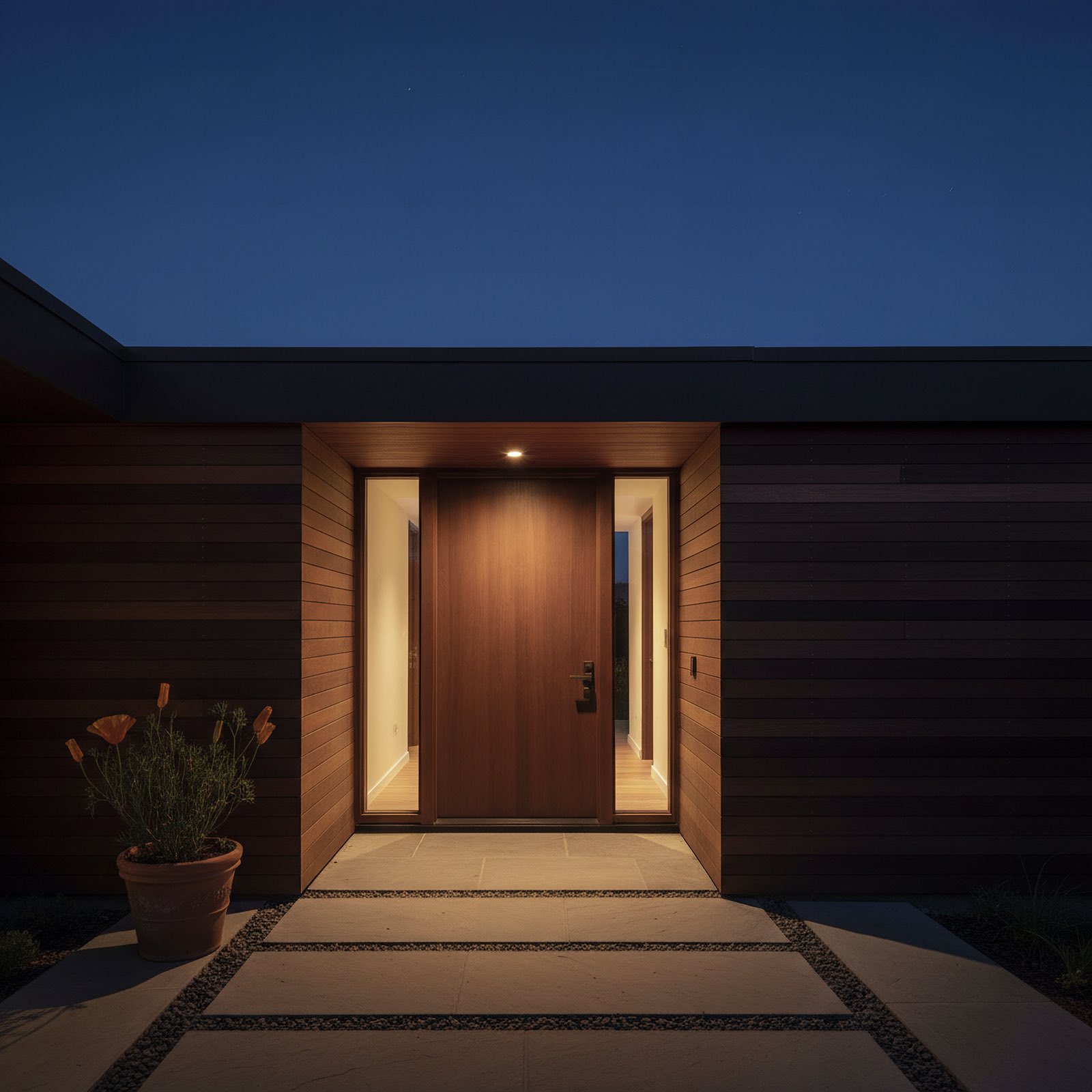 A front door at night, lit softly from above, with a closed California poppy in a pot beside the threshold.