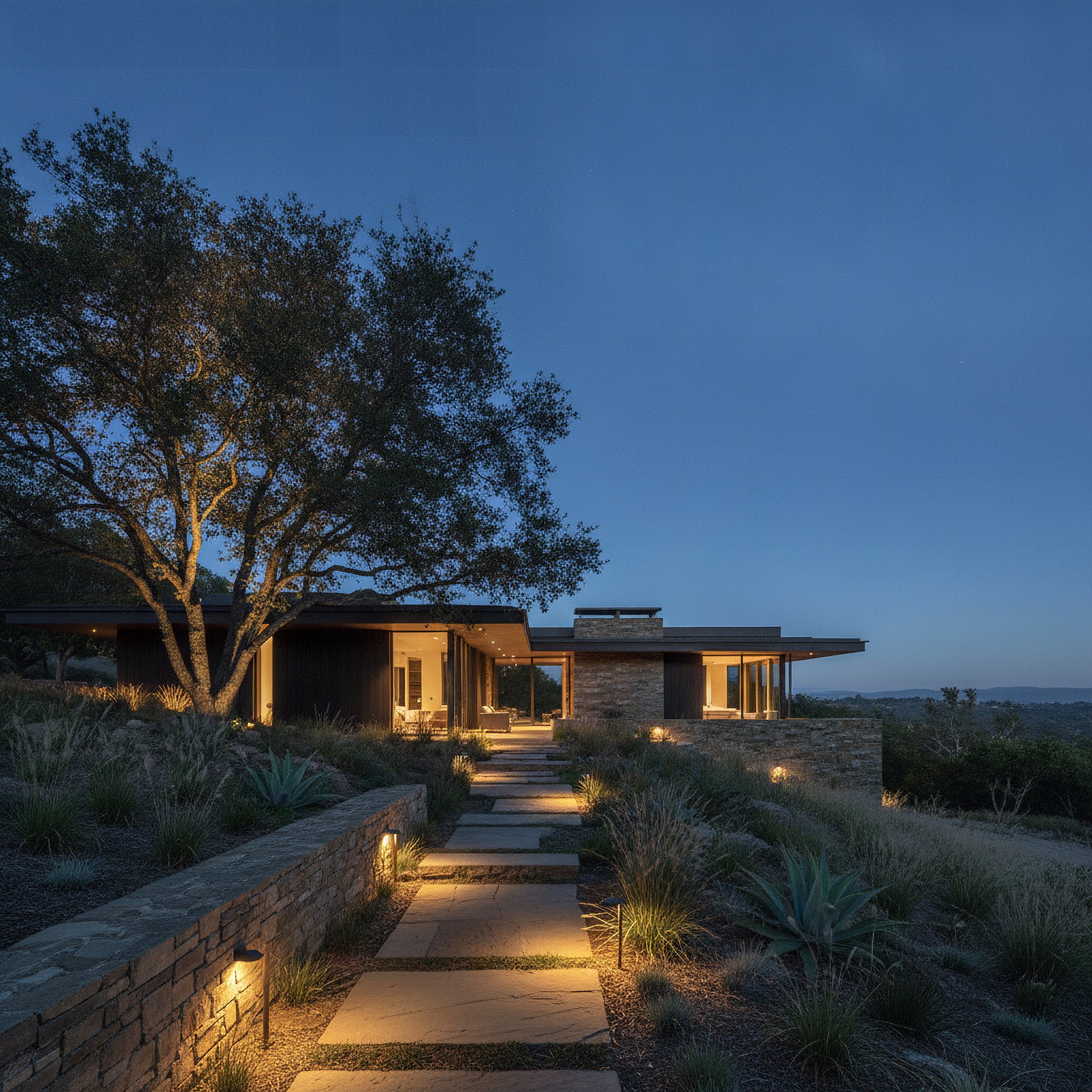 A hillside house at dusk. A lit stone path climbs through native planting toward the glowing rooms, under an oak lit softly from below.