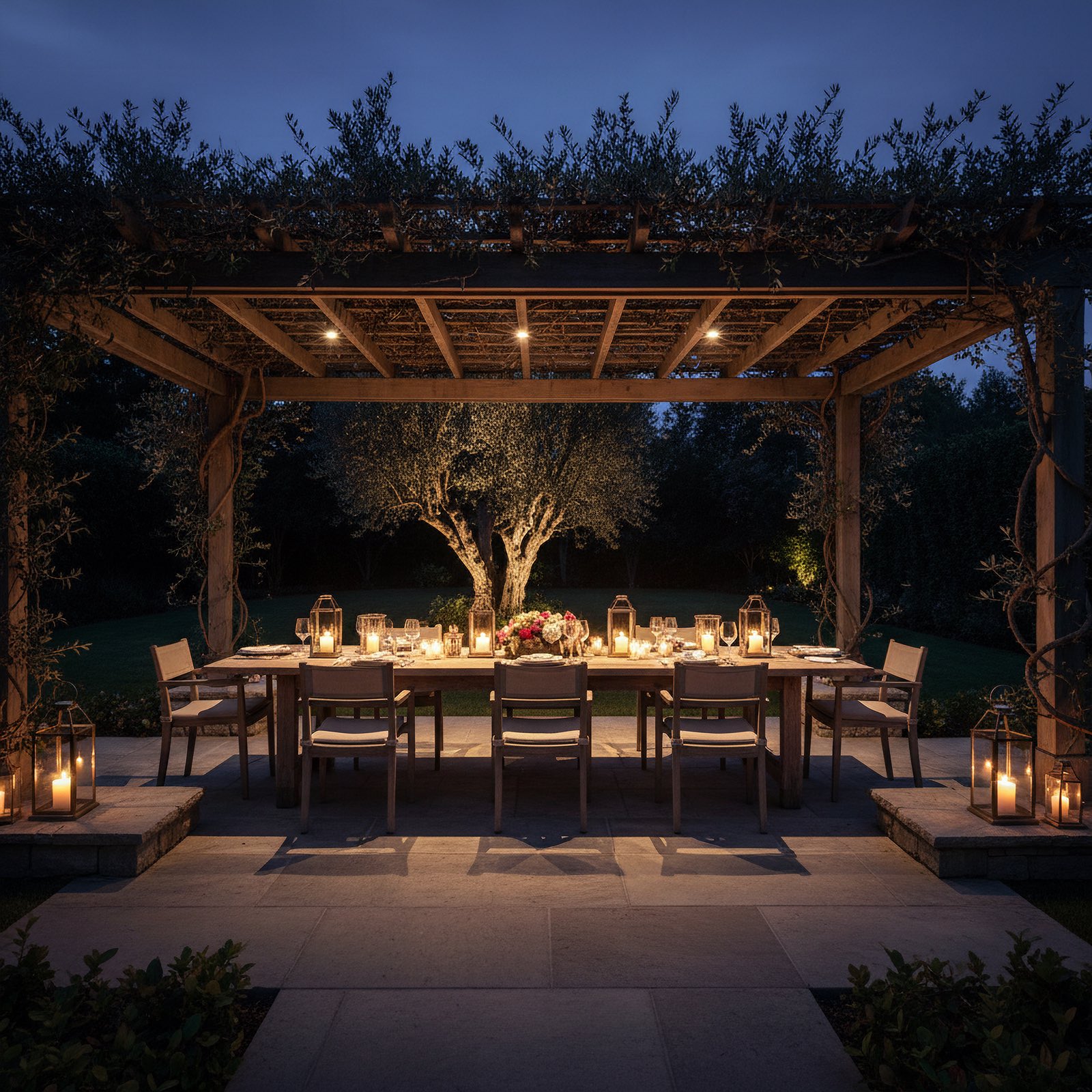 A long dinner table set under a vine-covered pergola at night, lit by lanterns and soft sources in the trellis, with an olive tree glowing beyond.